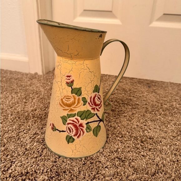 Vintage French Enamel pitcher jug water enameled pink flowers rose - Picture 3 of 6